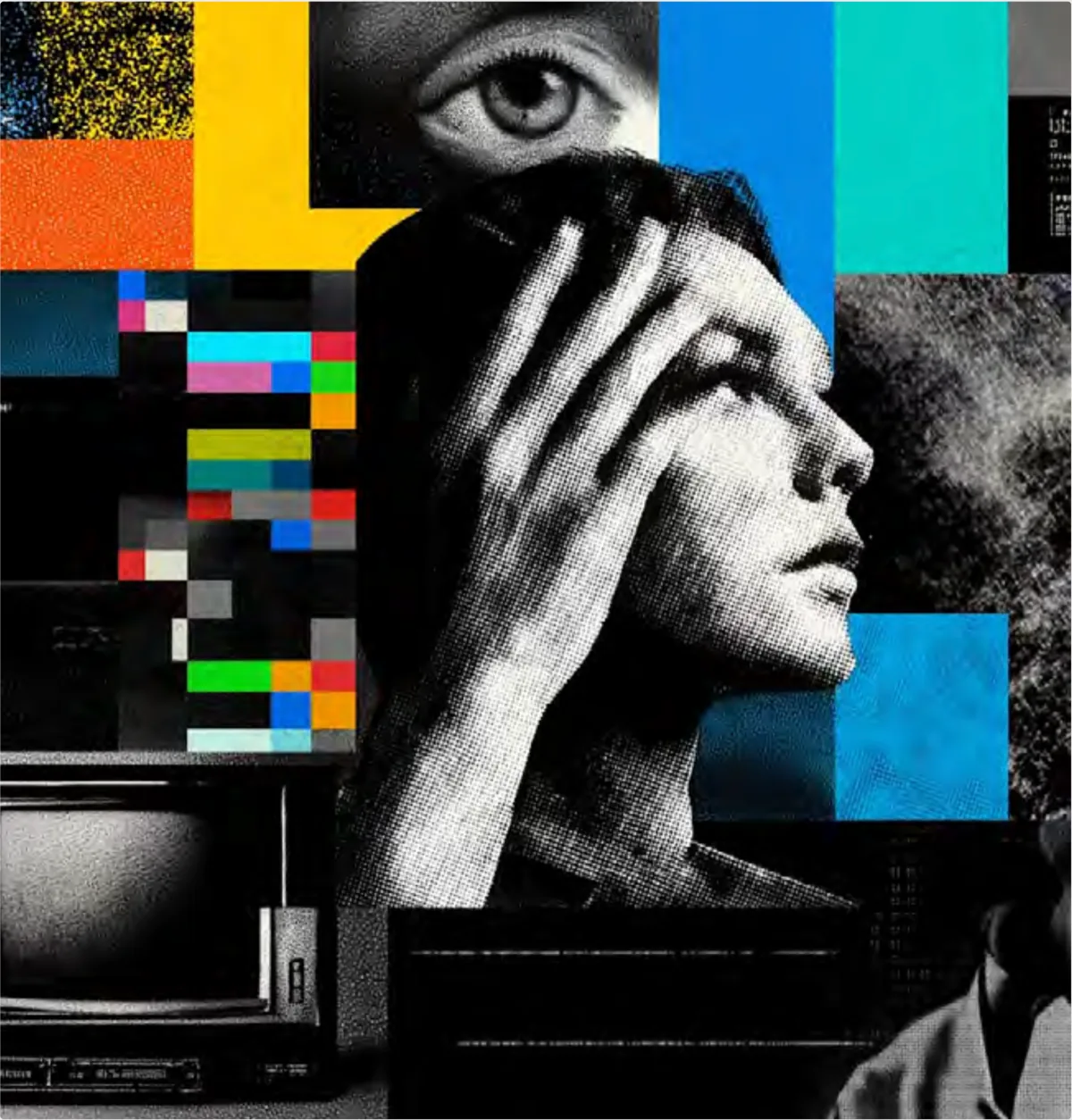 Collage editoriale: un volto di profilo tra schermi, un occhio e blocchi di colore